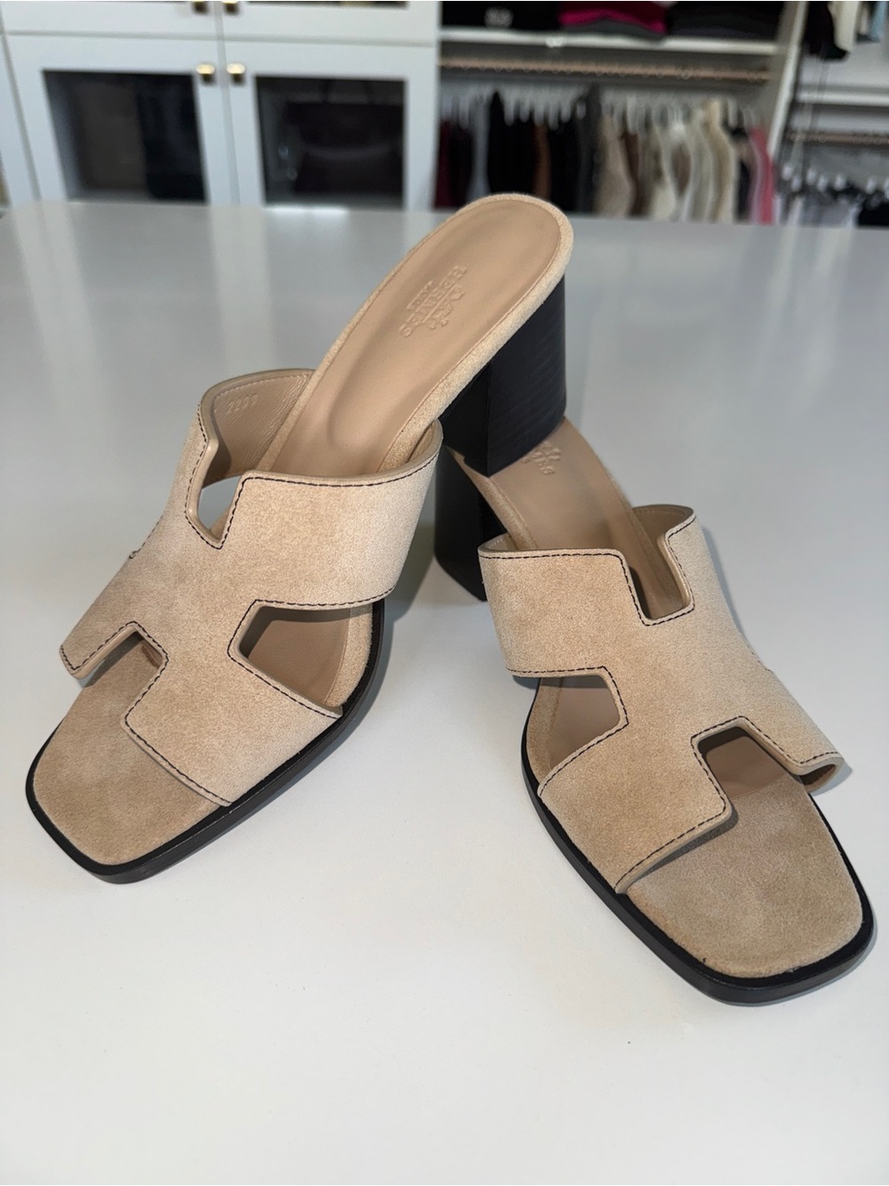 Inspired design 
Beige Suede H-Cut Block Heel Mules